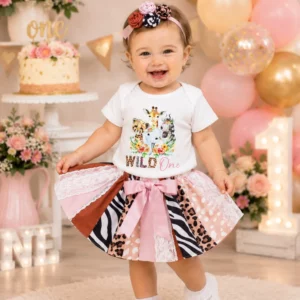 Wild One Birthday Romper, Animal Print Tutu and Headband