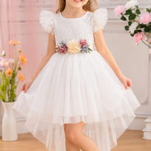 White Special Occasions Dress with Floral Belt/Headband