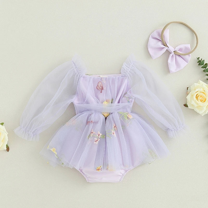 Purple Embroidered Long Sleeve Romper and Headband - Image 2