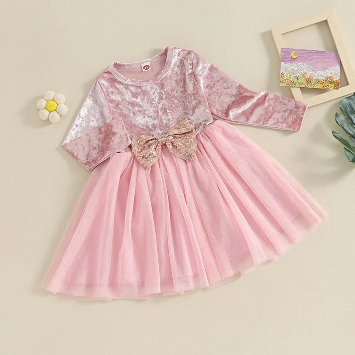 Pink Velvet and Mesh long Sleeve Dress - Image 3