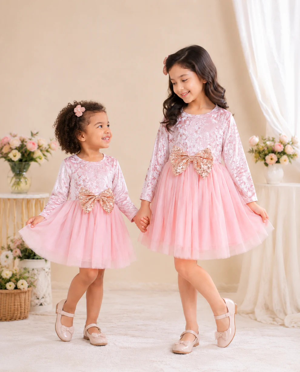 Pink Velvet and Mesh long Sleeve Dress