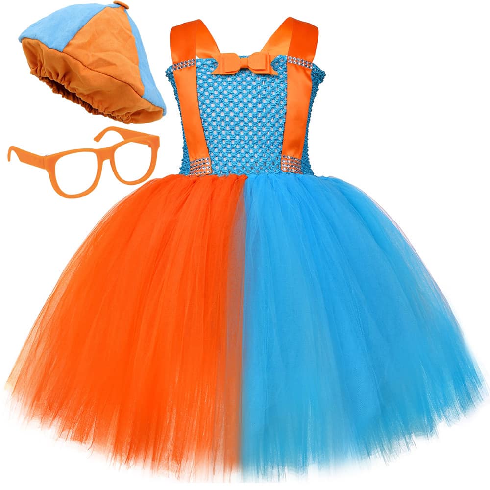 Blippi-Inspired Orange and Blue Tutu Dress with Hat and Glasses