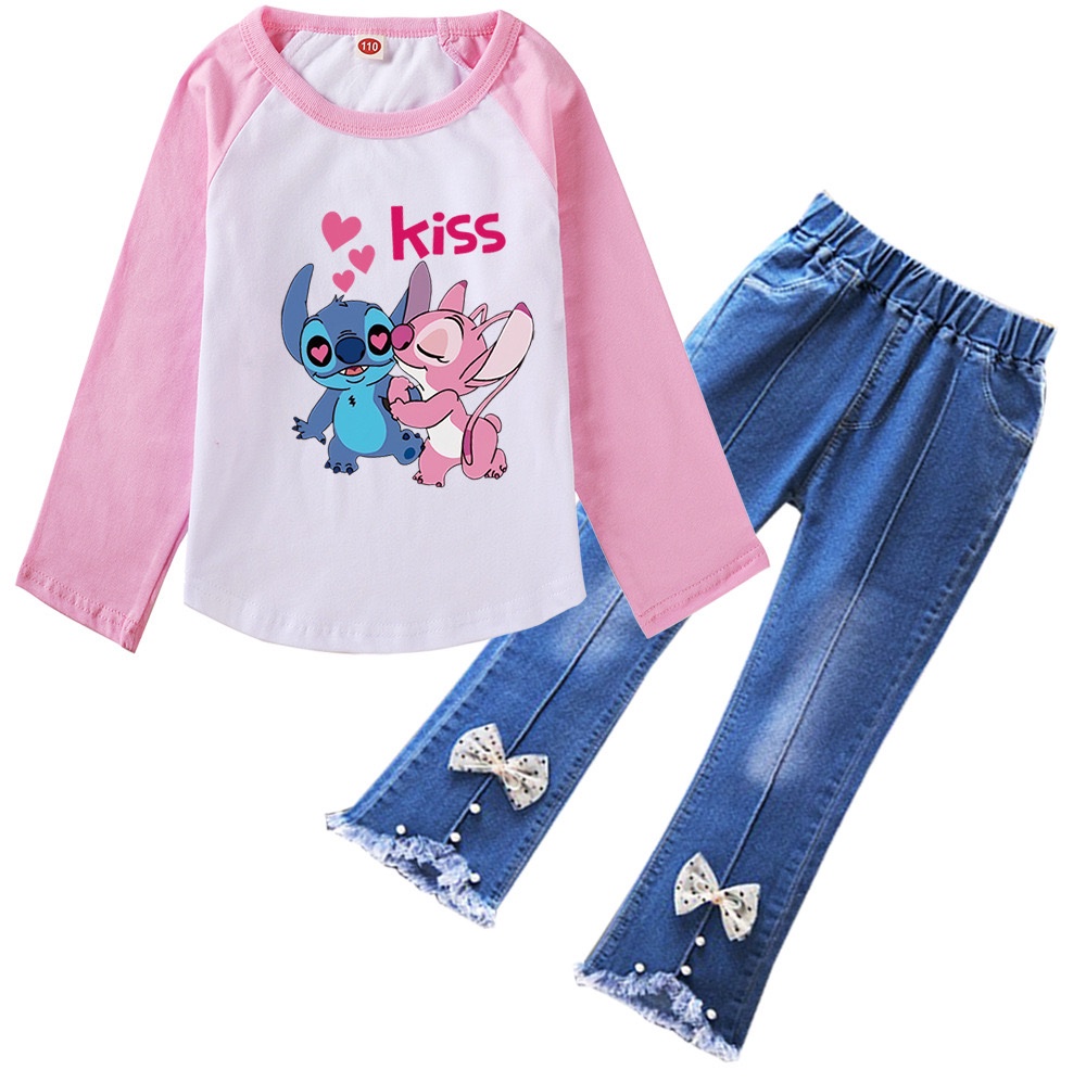 Stitch Love Long Sleeve Girls T-Shirt & Denim Jeans Set with Bow Detail