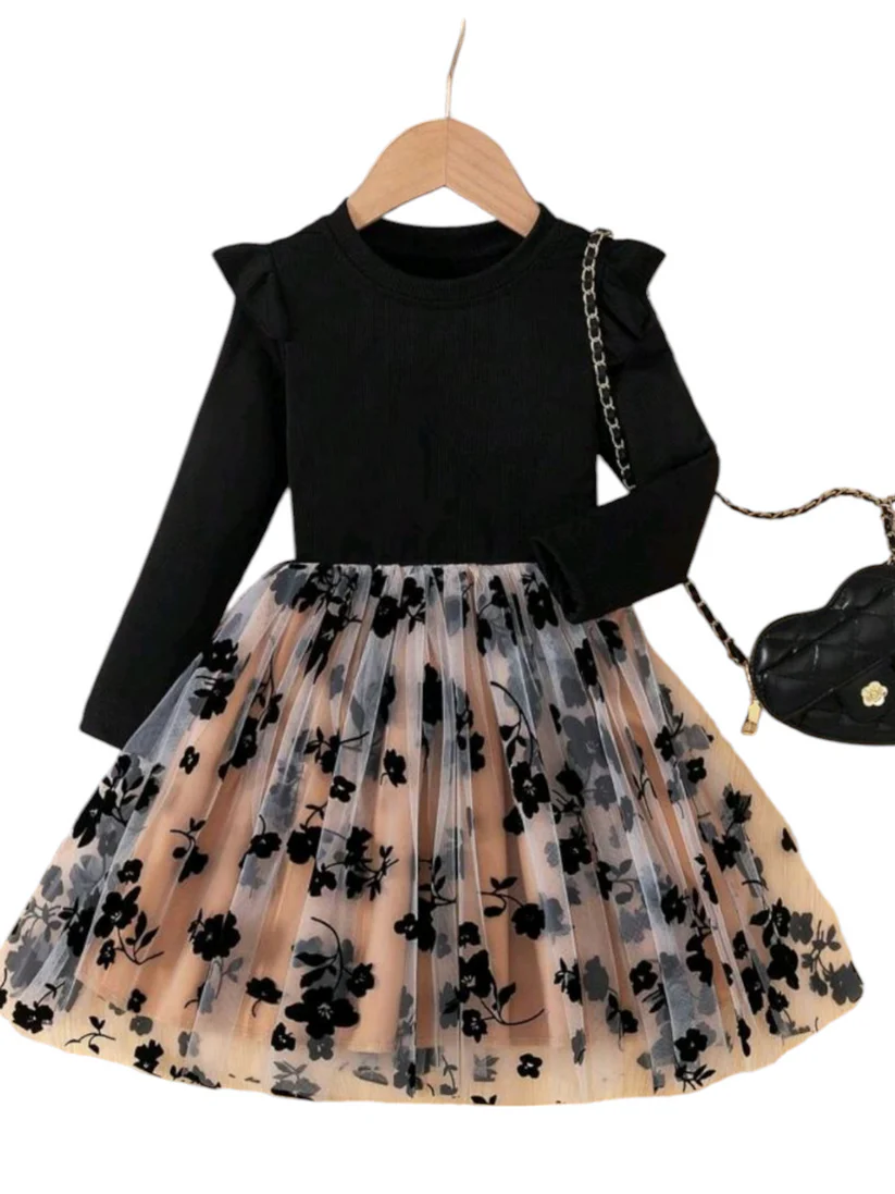 Black and Champagne Floral Long Sleeve Dress - Image 3