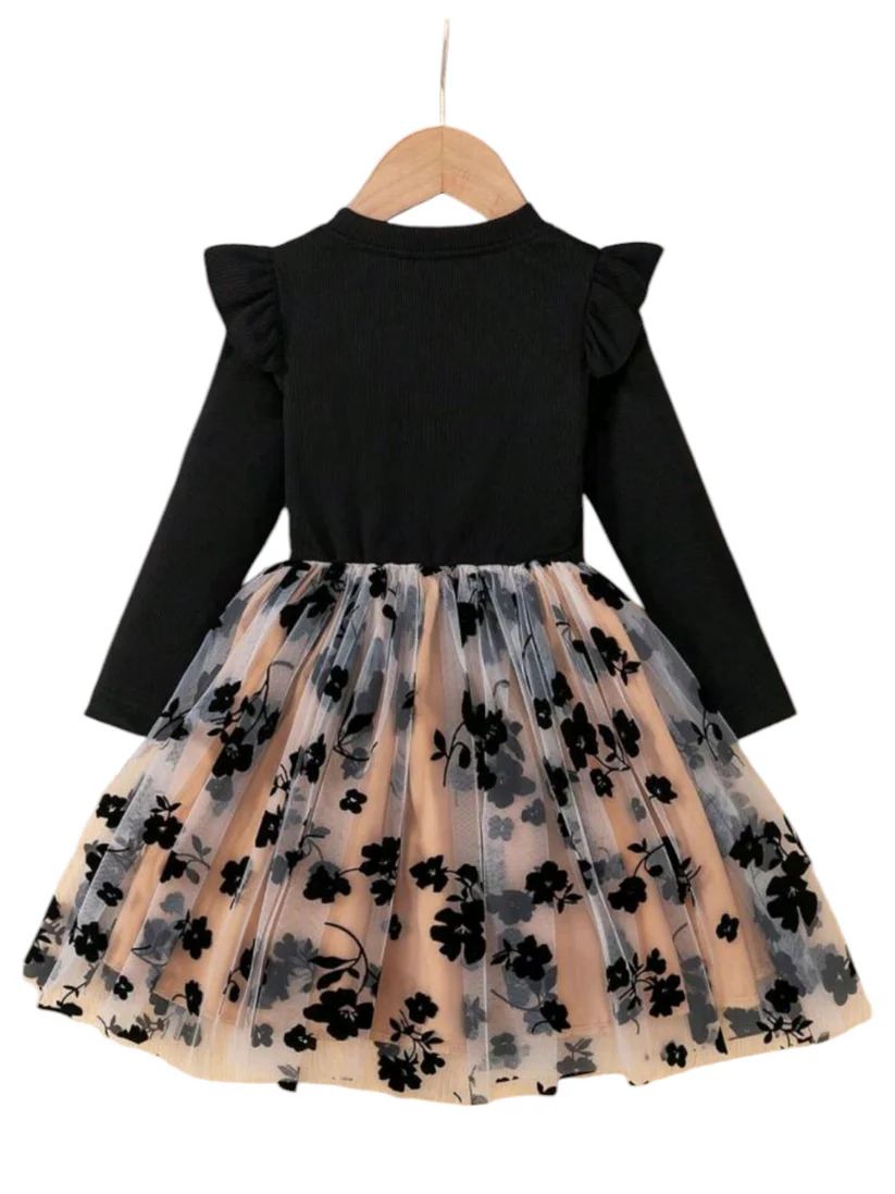 Black and Champagne Floral Long Sleeve Dress - Image 2