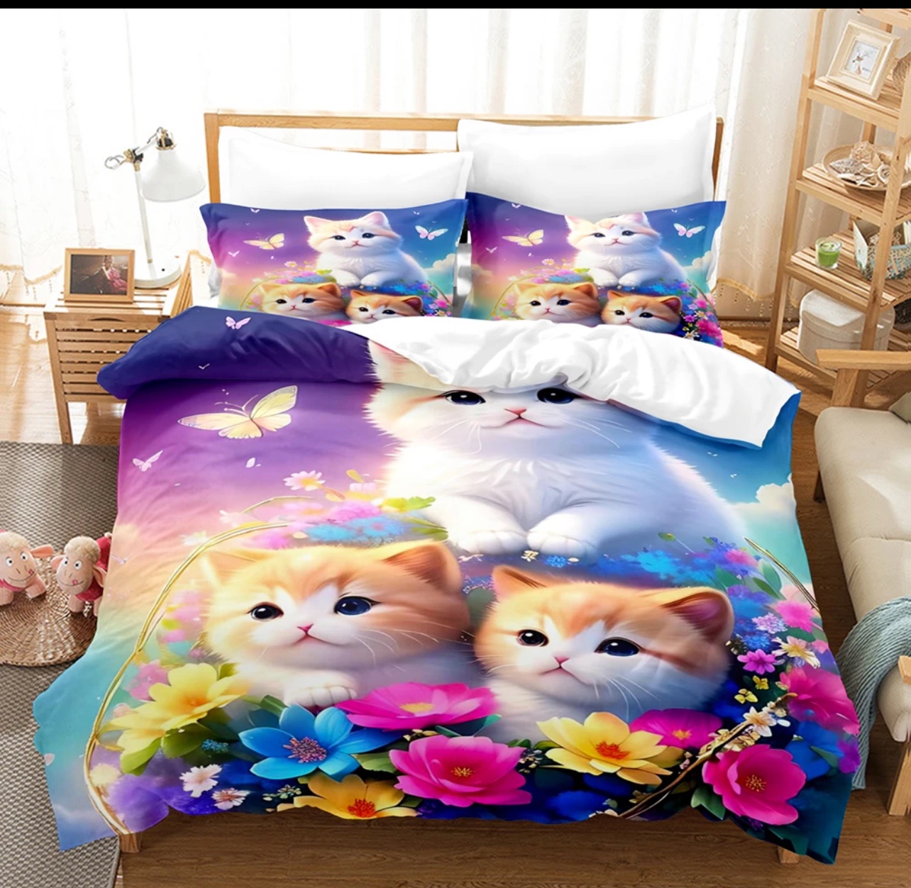 Kitten 3D Bedding Set – Colourful Floral Design
