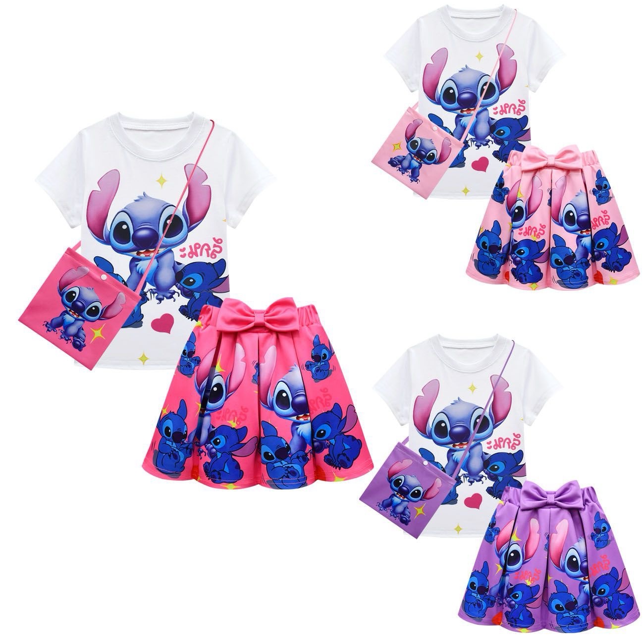 Stitch Girls 3-Piece Outfit Set – T-Shirt, Skirt & Crossbody Bag