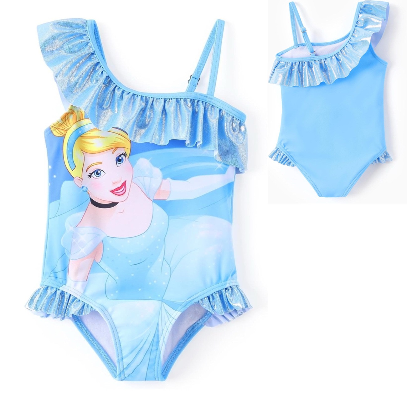 Cinderella One Shoulder Swimsuit with a Blue Glitter Frill